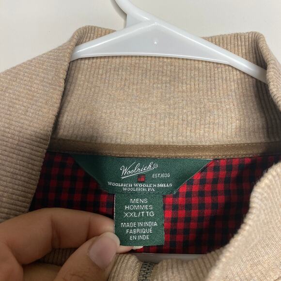 Woolrich Mens Sweater XXL Biege 1/4 Zip Pullover Fleece Lined Elbow Pads Preppy - Picture 3 of 6